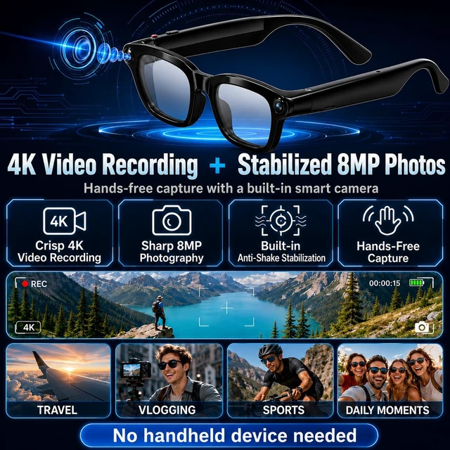 Alt view image 3 of 7 - Ai Smart Glasses with Camera and Bluetooth Audio,4K Video Recording AI glasses 4k video recording;translation;photo capture;bluetooth,audio music;AI assistant;object recognition;for men,women