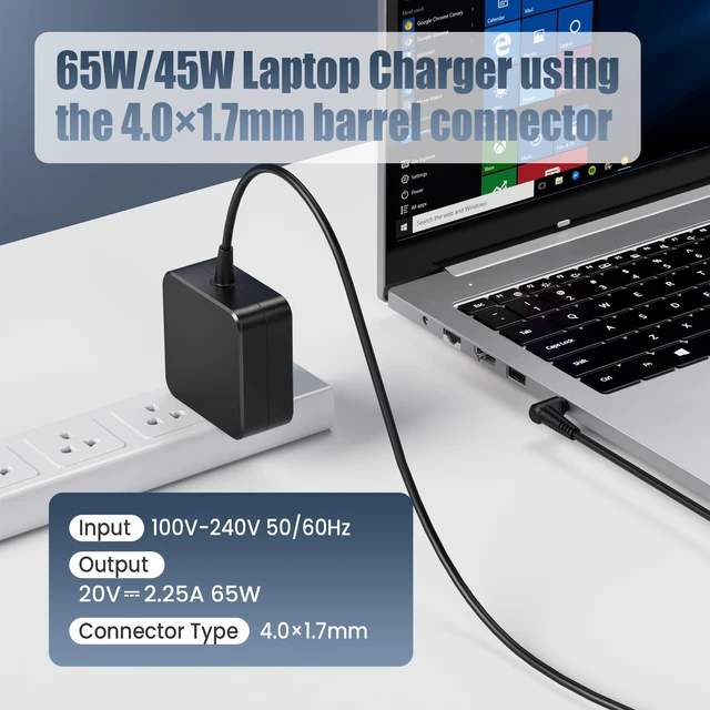 Alt view image 2 of 7 - 65W Laptop Charger Compatible with Lenovo IdeaPad 1 3 5 110 310 320 330 Flex 4 5 6 Yoga 310 510 520 710 V14 V15 - Chromebook N22 N23 N42 4.0×1.7mm Round Tip AC Adapter