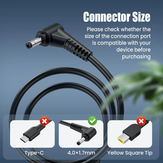 Alt view image 3 of 7 - 65W Laptop Charger Compatible with Lenovo IdeaPad 1 3 5 110 310 320 330 Flex 4 5 6 Yoga 310 510 520 710 V14 V15 - Chromebook N22 N23 N42 4.0×1.7mm Round Tip AC Adapter