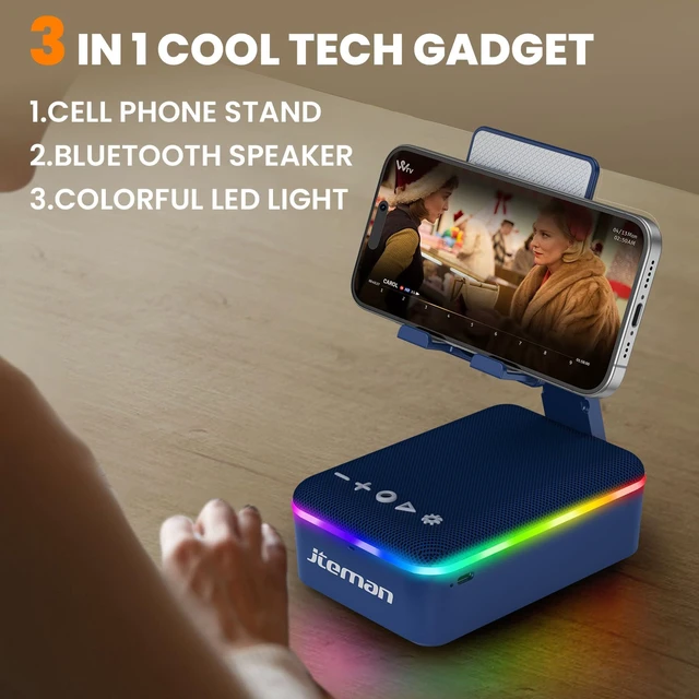 Alt view image 2 of 7 - Gifts for Men Women,Cell Phone Stand with Bluetooth Speaker,LED Light,and Lanyard,Cool Tech Gadgets,Unique Birthday Gifts for Men Husband Mom Dad-Blue
