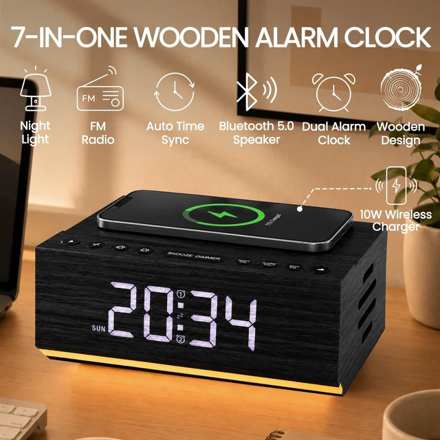 Alt view image 2 of 7 - Hoifen Wooden Digital Alarm Clock, Wireless Charging & Bluetooth Speaker FM Radio, Night Light, Auto Time Sync, Dual Alarms, USB Port, 9-Min Snooze, Bedroom Desk Bedside Home Decor Gift