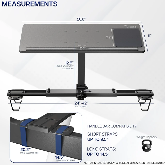 Alt view image 5 of 7 - Black Universal Wooden Laptop Treadmill Desk with Tilt, STAND-TDML4R Tilting Ergonomic Notebook Mount Stand with Mouse Pad and Wrist Support, Fits Both Round and Square Handlebars up to 37 in