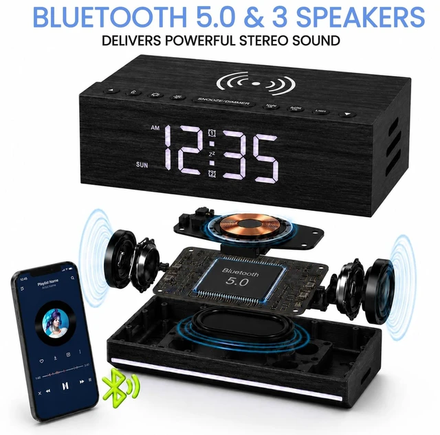 Alt view image 3 of 7 - Hoifen Wooden Digital Alarm Clock, Wireless Charging & Bluetooth Speaker FM Radio, Night Light, Auto Time Sync, Dual Alarms, USB Port, 9-Min Snooze, Bedroom Desk Bedside Home Decor Gift