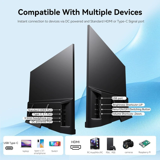 Alt view image 6 of 7 - 23.8" Large Portable Monitor 100Hz IPS FHD 1080P USB-C HDMI Monitor Fresync External Gaming Monitor, Dual Speakers Adjustable Stand, Portable Monitor for Laptop,PC,Mac,Phone,Game Consoles
