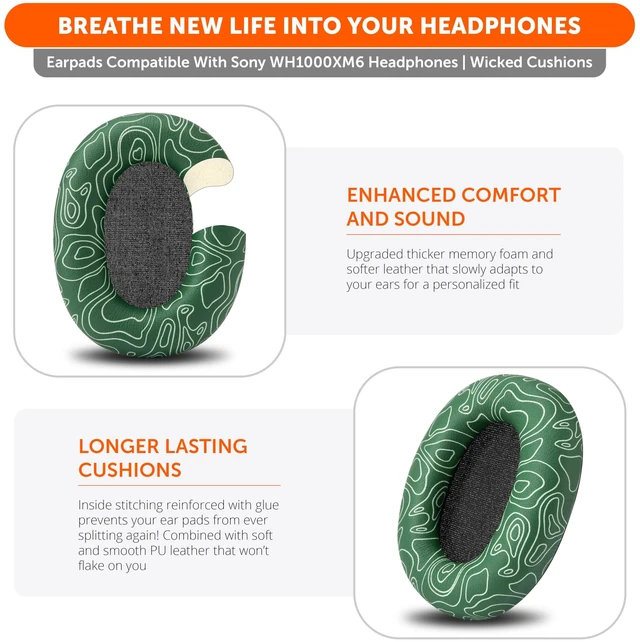 Alt view image 4 of 7 - PadZ XM6 - Premium Replacement Earpads for Sony WH-1000XM6 Made by Wicked Cushions Enhanced Comfort, Durable PU Leather & Sound Isolation Emerald Tide