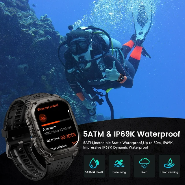 Alt view image 5 of 7 - Tank M3 Smart Watches for Men, Rugged Full Metal Body, 5ATM & IP69K 1.96" AMOLED, Bluetooth Call, 170+ Sports Modes, Heart Rate, SpO2 Monitor, Sleep Tracking, Compatible with iPhone and Android