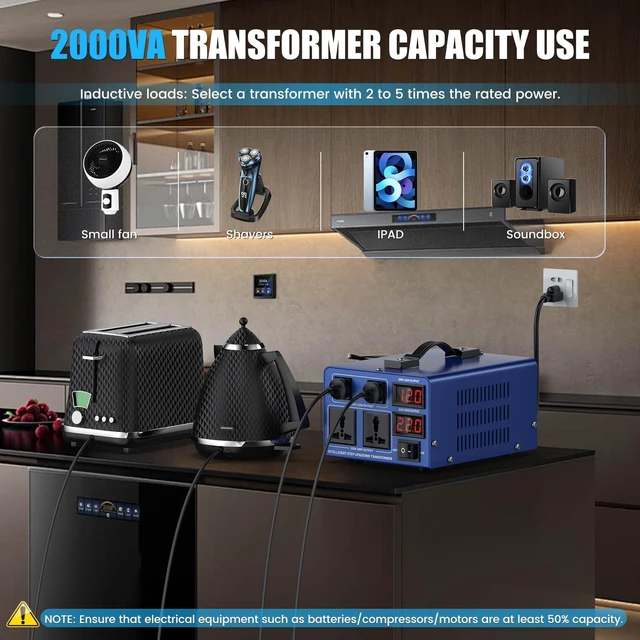 Alt view image 6 of 7 - 2000 watt Voltage Conversion Transformer Heavy-Duty Step-up/Step-Down AC 110V/120V/220V/240V Power Conversion, with resettable Circuit Breaker Protection, with US Power Cord, LCD Display