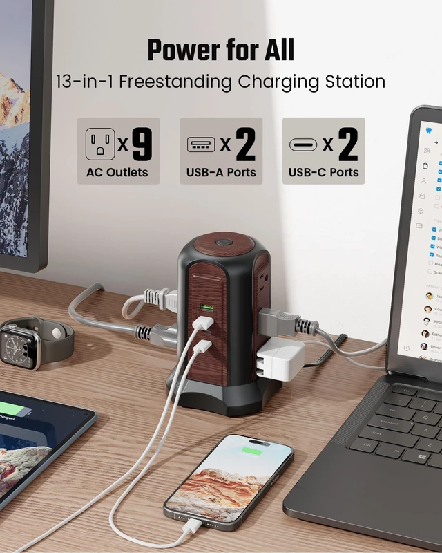 Alt view image 3 of 7 - Power Strip Tower, Desktop Charging Station,10 Ft Extension Cord 1080J Surge Protector, 9 Outlets 4 USB (2 USB C), Flat Plug Power Tower with Multiple Outlets, Home Office, Dorm,Saddle Brown
