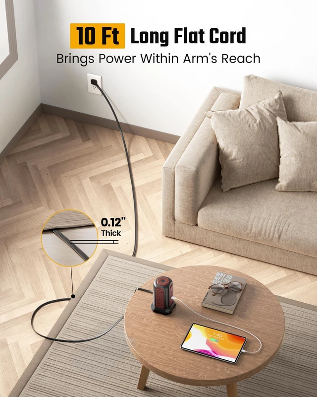 Alt view image 2 of 7 - Power Strip Tower, Desktop Charging Station,10 Ft Extension Cord 1080J Surge Protector, 9 Outlets 4 USB (2 USB C), Flat Plug Power Tower with Multiple Outlets, Home Office, Dorm,Saddle Brown