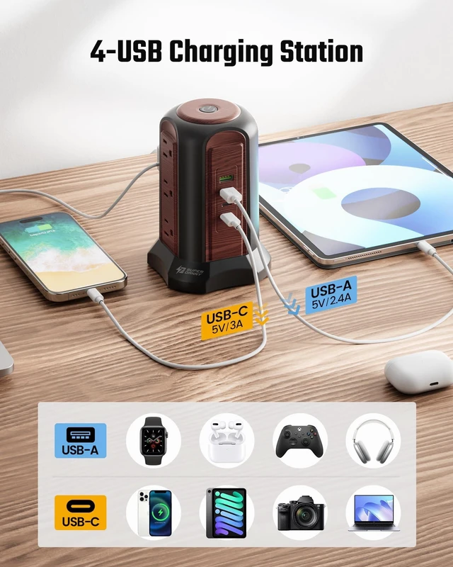 Alt view image 4 of 7 - Power Strip Tower, Desktop Charging Station,10 Ft Extension Cord 1080J Surge Protector, 9 Outlets 4 USB (2 USB C), Flat Plug Power Tower with Multiple Outlets, Home Office, Dorm,Saddle Brown