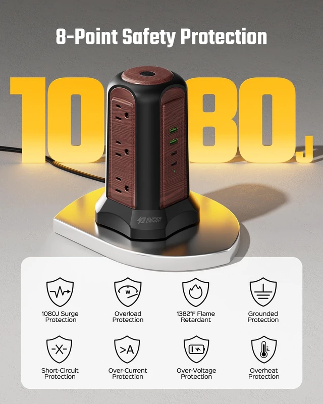 Alt view image 7 of 7 - Power Strip Tower, Desktop Charging Station,10 Ft Extension Cord 1080J Surge Protector, 9 Outlets 4 USB (2 USB C), Flat Plug Power Tower with Multiple Outlets, Home Office, Dorm,Saddle Brown