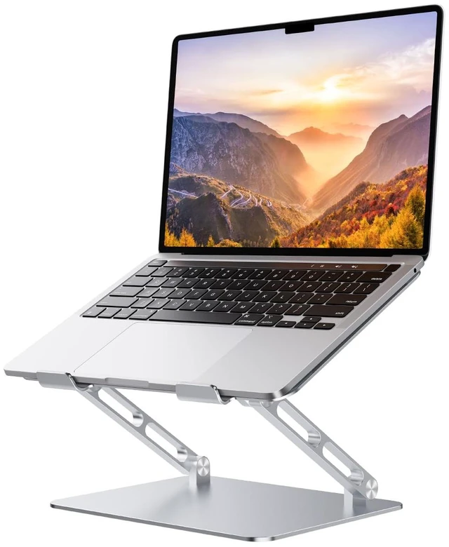 Main image of Adjustable Aluminum Laptop Stand for MacBook Air Pro Neo 10-17.3'' Portable Ergonomic Computer Holder, Space Saving Desk with Heat Dissipation, Compatible with MacBook/Dell/HP etc, Silver