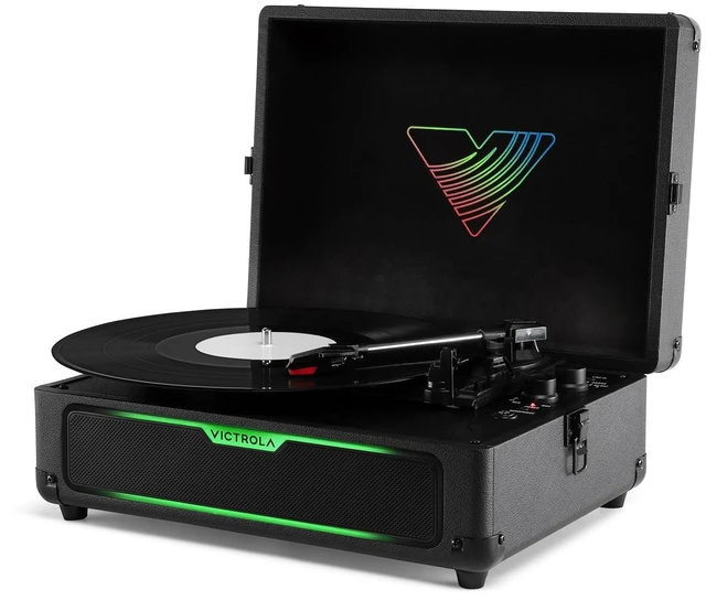 Main image of Journey Glow - Lightshow Bluetooth Suitcase Record Player - Black Suitcase turntable, 18 RGB light modes, built-in stereo speakers, two-way Bluetooth (VINYLSTREAM out), RCA and headphone jack