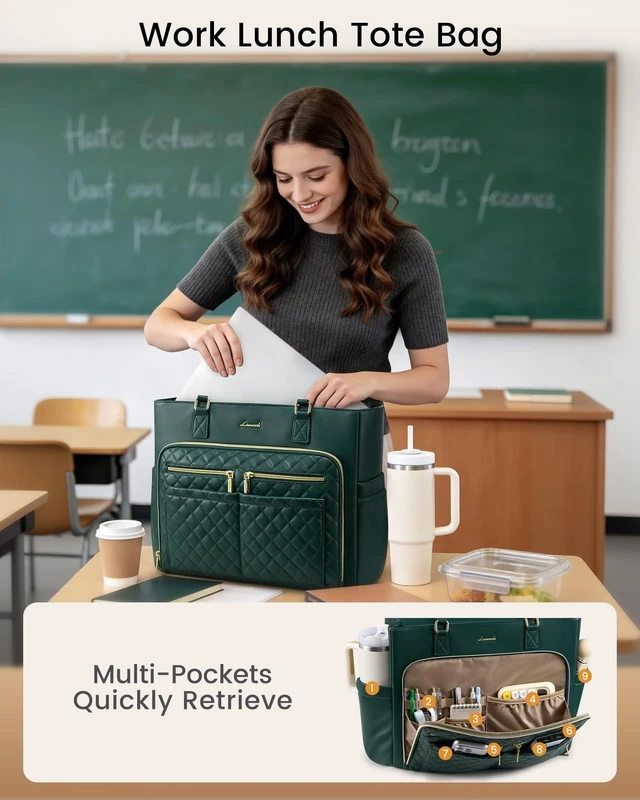 Alt view image 2 of 6 - Work Tote for Women15.6-Inch Teacher Bag with Lunch Compartment 14 Pockets PU Leather Laptop Tote with 40OZ Cup Holder, 3 in 1 Insulated Lunch Bag for Nurses, Office, Travel, Casual, Picnic