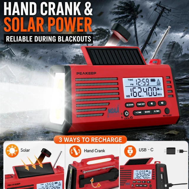 Alt view image 4 of 7 - Emergency Radio NOAA Weather Alert Battery Solar Crank Powered AM FM SW Portable Radio, Rechargeable Battery Backup18500mWh, SOS Flashlight Lamp for Home Car Camping Storms Blackouts Prep