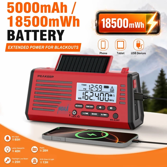 Alt view image 7 of 7 - Emergency Radio NOAA Weather Alert Battery Solar Crank Powered AM FM SW Portable Radio, Rechargeable Battery Backup18500mWh, SOS Flashlight Lamp for Home Car Camping Storms Blackouts Prep