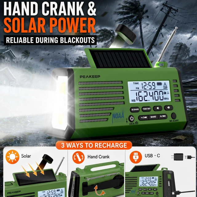 Alt view image 4 of 7 - Emergency Radio NOAA Weather Alert Battery Solar Crank Powered AM FM SW Portable Radio, Rechargeable Battery 18500mWh, SOS Flashlight Lamp for Home Car Camping Storms Blackouts Prep