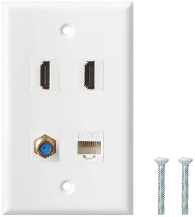 Main image of HDMI Coax Ethernet Wall Plate, 2 Port 4K HDMI Keystone, 1 Port Coax Keystone, 1 Port CAT6 Keystone Wall Plate