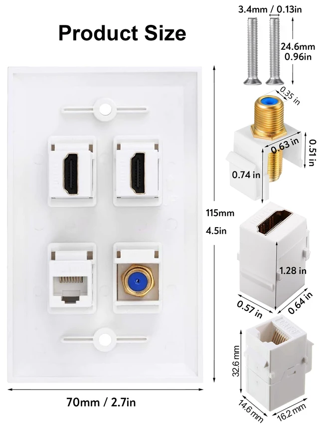 Alt view image 3 of 7 - HDMI Coax Ethernet Wall Plate, 2 Port 4K HDMI Keystone, 1 Port Coax Keystone, 1 Port CAT6 Keystone Wall Plate
