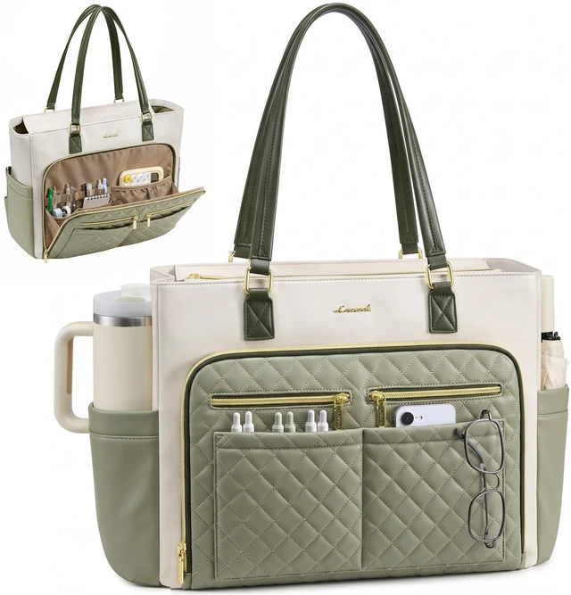 Main image of Work Tote for Women15.6-Inch Teacher Bag with Lunch Compartment 14 Pockets PU Leather Laptop Tote with 40OZ Cup Holder, 3 in 1 Insulated Lunch Bag for Nurses, Office, Travel, Casual, Picnic
