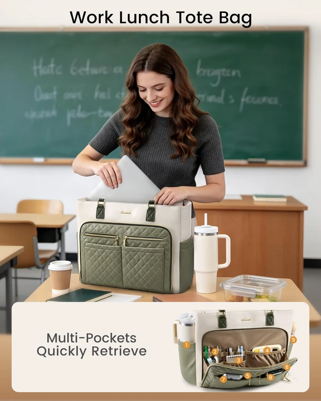 Alt view image 2 of 6 - Work Tote for Women15.6-Inch Teacher Bag with Lunch Compartment 14 Pockets PU Leather Laptop Tote with 40OZ Cup Holder, 3 in 1 Insulated Lunch Bag for Nurses, Office, Travel, Casual, Picnic
