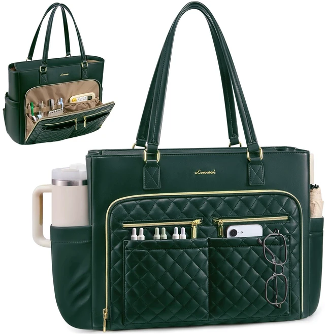Main image of Work Tote for Women15.6-Inch Teacher Bag with Lunch Compartment 14 Pockets PU Leather Laptop Tote with 40OZ Cup Holder, 3 in 1 Insulated Lunch Bag for Nurses, Office, Travel, Casual, Picnic