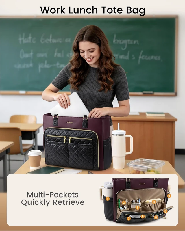 Alt view image 2 of 6 - Work Tote for Women15.6-Inch Teacher Bag with Lunch Compartment 14 Pockets PU Leather Laptop Tote with 40OZ Cup Holder, 3 in 1 Insulated Lunch Bag for Nurses, Office, Travel, Casual, Picnic