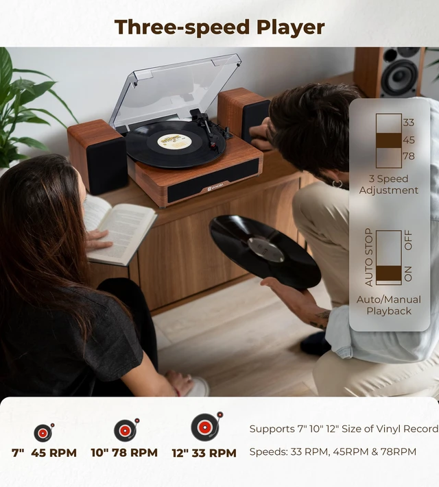 Alt view image 4 of 7 - Vinyl Record Player with Bookshelf Speakers Bluetooth Vintage Turntable for Vinyl Records Belt-Drive 3 Speed Portable LP Players Wooden Vinyl Players Auto Stop with Cleaning Kits, Brown