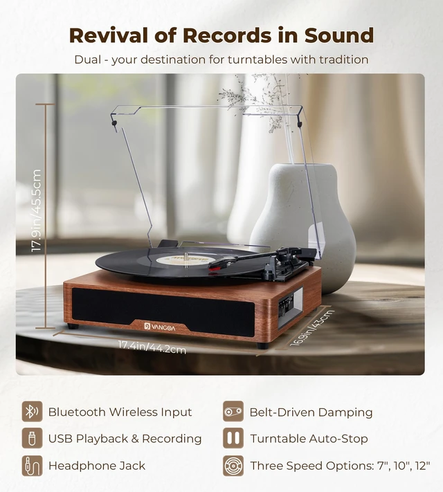 Alt view image 2 of 7 - Vinyl Record Player with Bookshelf Speakers Bluetooth Vintage Turntable for Vinyl Records Belt-Drive 3 Speed Portable LP Players Wooden Vinyl Players Auto Stop with Cleaning Kits, Brown