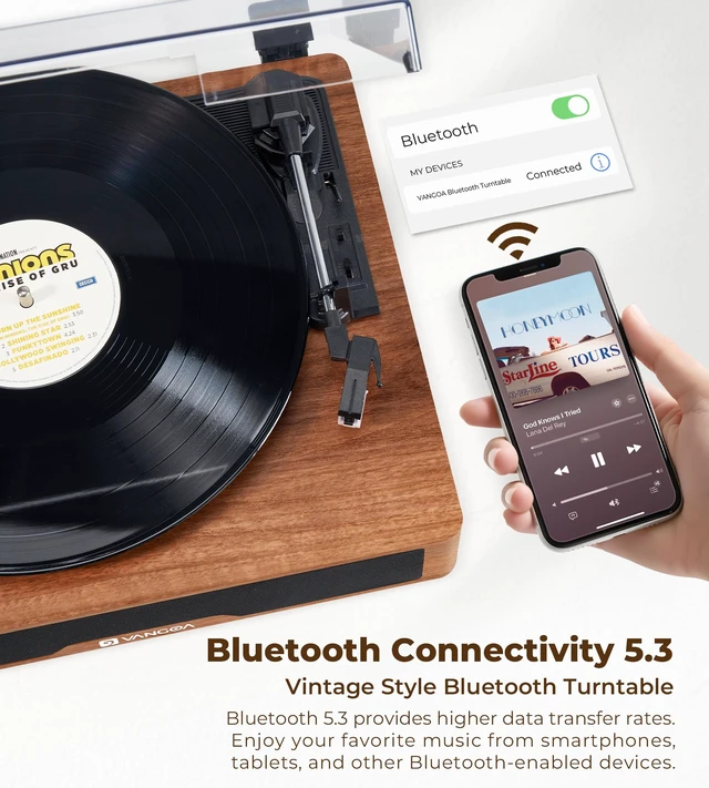 Alt view image 3 of 7 - Vinyl Record Player with Bookshelf Speakers Bluetooth Vintage Turntable for Vinyl Records Belt-Drive 3 Speed Portable LP Players Wooden Vinyl Players Auto Stop with Cleaning Kits, Brown