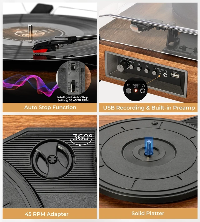 Alt view image 7 of 7 - Vinyl Record Player with Bookshelf Speakers Bluetooth Vintage Turntable for Vinyl Records Belt-Drive 3 Speed Portable LP Players Wooden Vinyl Players Auto Stop with Cleaning Kits, Brown