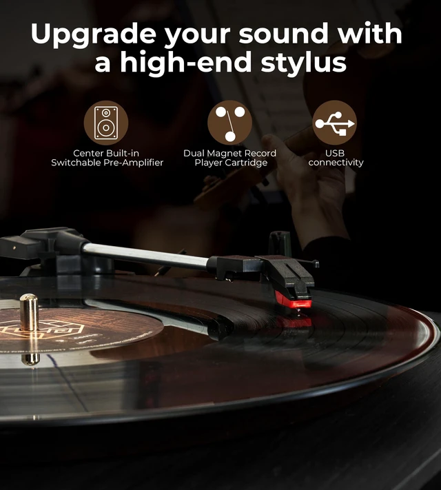 Alt view image 6 of 7 - Vinyl Record Player with Bookshelf Speakers Bluetooth Vintage Turntable for Vinyl Records Belt-Drive 3 Speed Portable LP Players Wooden Vinyl Players Auto Stop with Cleaning Kits, Brown
