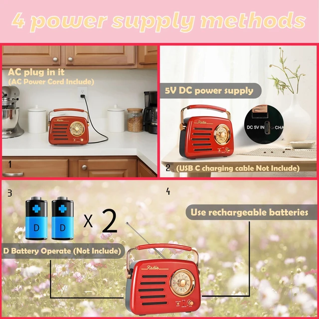 Alt view image 4 of 7 - D329 Portable AM FM Shortwave Vintage Radio Bluetooth Speaker Receiver Red Plug in Wall Retro Radio Great Receiver Support USB Drive/Micro SD Card Good Sound for Family for Home Kitchen Outdoors