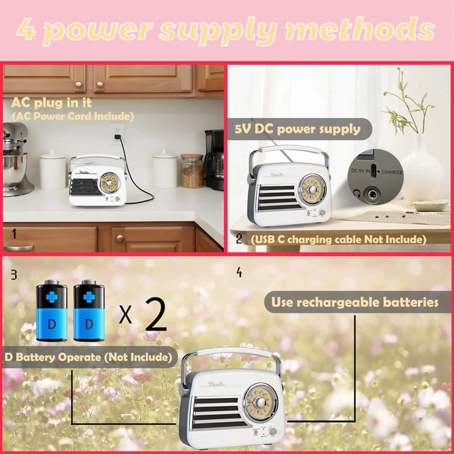 Alt view image 5 of 7 - D326 Portable AM FM SW Vintage Radio Retro Bluetooth Speaker Receiver White Plug in Wall Retro Radio Great Receiver Support USB Drive/Micro SD Card Good Sound for Family for Home Kitchen Outdoors
