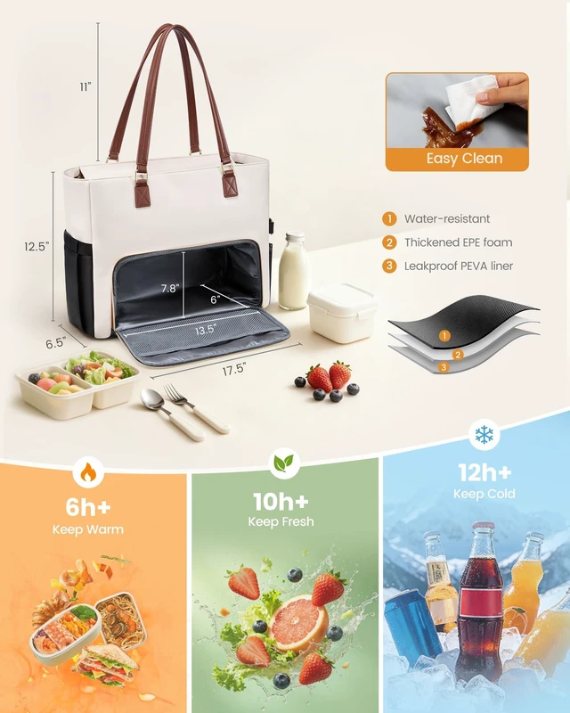 Alt view image 3 of 6 - Work Tote for Women15.6-Inch Teacher Bag with Lunch Compartment 14 Pockets PU Leather Laptop Tote with 40OZ Cup Holder, 3 in 1 Insulated Lunch Bag for Nurses, Office, Travel, Casual, Picnic