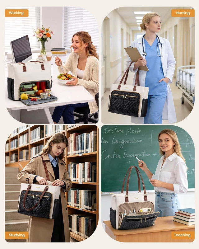 Alt view image 6 of 6 - Work Tote for Women15.6-Inch Teacher Bag with Lunch Compartment 14 Pockets PU Leather Laptop Tote with 40OZ Cup Holder, 3 in 1 Insulated Lunch Bag for Nurses, Office, Travel, Casual, Picnic