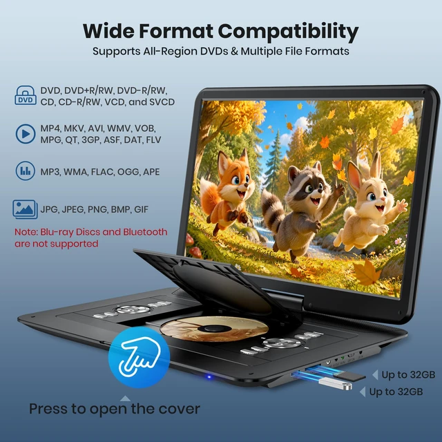 Alt view image 3 of 7 - 18" Portable DVD Player with 15.6" HD Swivel Screen, 6-Hour Rechargeable Battery, DVD Player Portable Supports MP4&MKV Video/USB/SD Card/Sync TV, Dual Stereo Speakers, All Regions