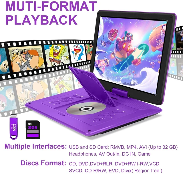 Alt view image 5 of 7 - 17.9" Portable DVD Player with 15.6" Large Screen, 6Hrs Play, Purple SYNC TV/USB/SD Card, DVD Player Portable with Dual Speakers, Last Memory, Play All Discs Format Except Blu-ray