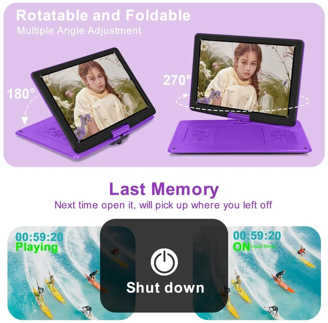Alt view image 6 of 7 - 17.9" Portable DVD Player with 15.6" Large Screen, 6Hrs Play, Purple SYNC TV/USB/SD Card, DVD Player Portable with Dual Speakers, Last Memory, Play All Discs Format Except Blu-ray