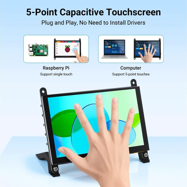 Alt view image 3 of 7 - 5" Touch Screen Monitor 1024×600 Display for Raspberry Pi 5/4/3/B+ Mini Capacitive Touchscreen HDMI-Compatible & USB Powered Compatible with BB Black, BB Black, Banana Pi & Jetson Nano
