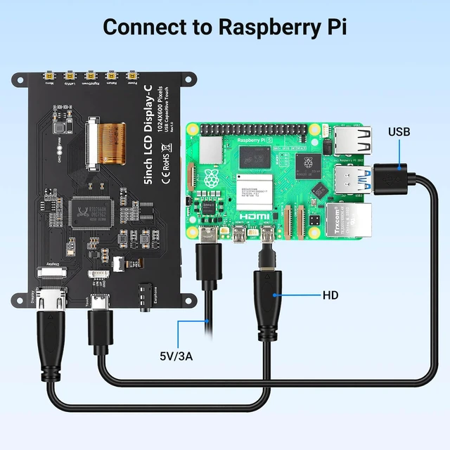 Alt view image 6 of 7 - 5" Touch Screen Monitor 1024×600 Display for Raspberry Pi 5/4/3/B+ Mini Capacitive Touchscreen HDMI-Compatible & USB Powered Compatible with BB Black, BB Black, Banana Pi & Jetson Nano