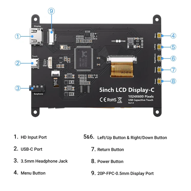 Alt view image 7 of 7 - 5" Touch Screen Monitor 1024×600 Display for Raspberry Pi 5/4/3/B+ Mini Capacitive Touchscreen HDMI-Compatible & USB Powered Compatible with BB Black, BB Black, Banana Pi & Jetson Nano