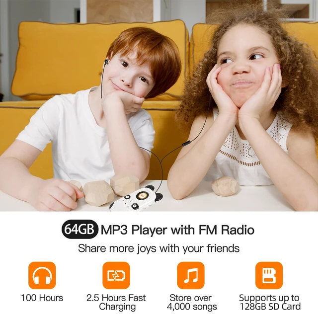 Alt view image 6 of 7 - 64GB Cute Panda MP3 Player for Kids, Bluetooth 5.3, Built-in Speaker Volume Limit, One-Button Voice Recorder, FM Radio, 3.5mm Headphone Jack, Alarm Clock, Stopwatch, Supports 128GB microSD Card