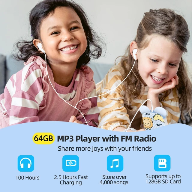 Alt view image 6 of 7 - 64GB Cute Panda MP3 Player for Kids, Bluetooth 5.3, Built-in Speaker Volume Limit, Zoo Animal Pattern, One-Button Voice Recorder, FM Radio, 3.5mm Headphone Jack, Supports 128GB microSD Card