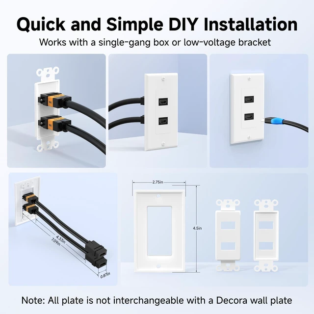 Alt view image 5 of 7 - 2-Pack 2-Port 4K HDMI Wall Plate, White 4K@60Hz UHD ARC and Ethernet Pass-Thru Support