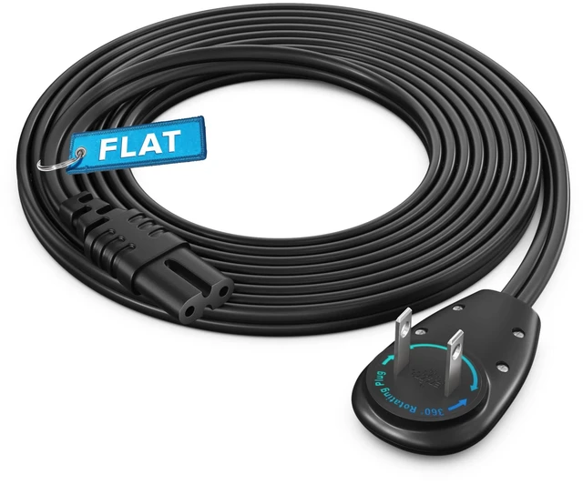 Main image of TV Power Cord 8 Ft, 2-Prong IEC C7, Black, 360 Rotating Flat Plug, UL Works with gaming consoles, speakers, printers, and all IEC C7-compatible electronics