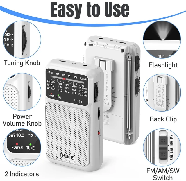 Alt view image 5 of 6 - J211 Portable Radio AM FM, USB C Charging and AA Battery Operated Excellent Reception& Clear Speaker, Headphone Jack, Back Clip, Lanyard, Transistor Radio, Small Radios Portable AM FM