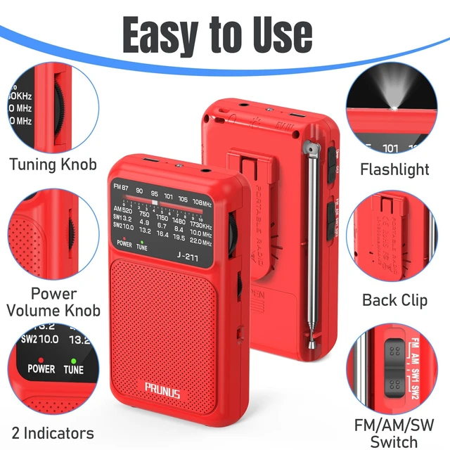 Alt view image 5 of 6 - J211 Portable Radio AM FM, USB C Charging and AA Battery Operated Excellent Reception& Clear Speaker, Headphone Jack, Back Clip, Lanyard, Transistor Radio, Small Radios Portable AM FM