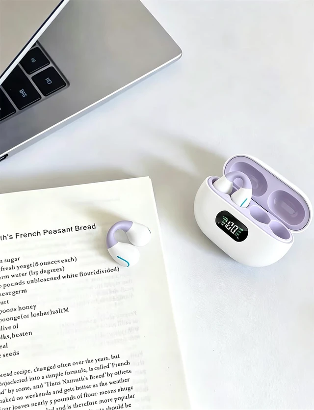 Alt view image 2 of 7 - Open Ear Earbuds 2026 Clip On Earbuds Open Ear Headphones, Premium Bluetooth, HiRes Audio, LongLasting 80H Playtime, ClipOn Earbuds for Daily & Sports Workout, Pale Purple