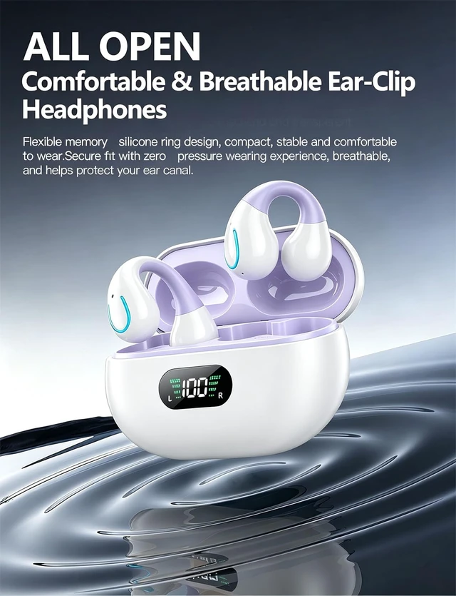 Alt view image 7 of 7 - Open Ear Earbuds 2026 Clip On Earbuds Open Ear Headphones, Premium Bluetooth, HiRes Audio, LongLasting 80H Playtime, ClipOn Earbuds for Daily & Sports Workout, Pale Purple